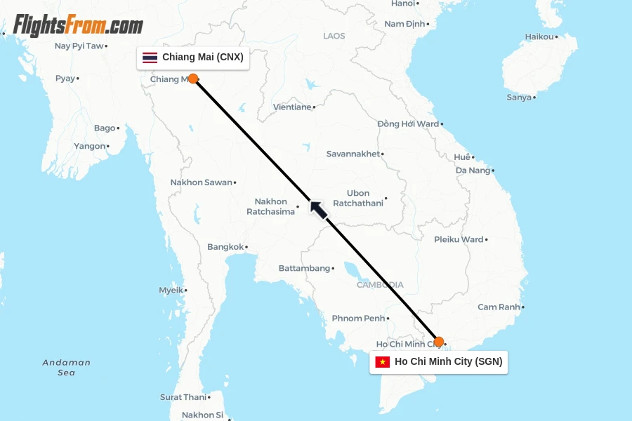 Flights from Ho Chi Minh City to Chiang Mai route map