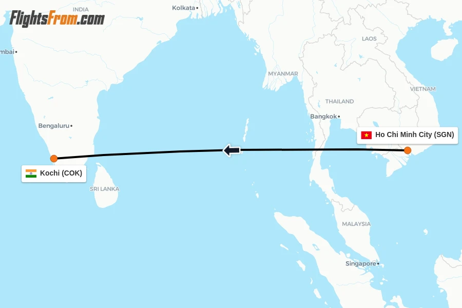 Flights from Ho Chi Minh City to Kochi route map
