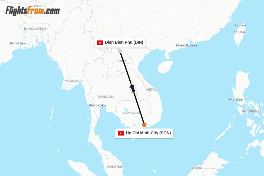 Flights from Ho Chi Minh City to Dien Bien Phu route map
