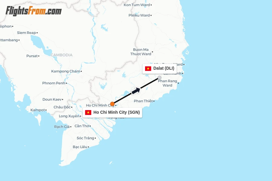 Flights from Ho Chi Minh City to Dalat route map