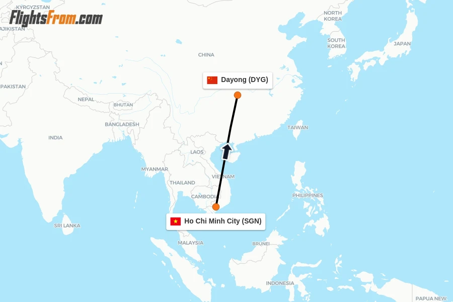Flights from Ho Chi Minh City to Dayong route map