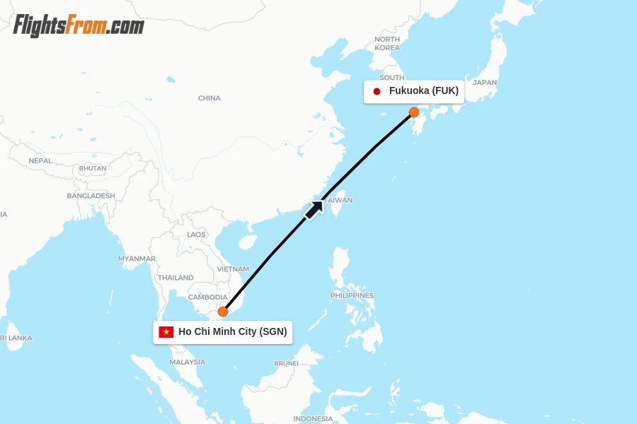 Flights from Ho Chi Minh City to Fukuoka route map