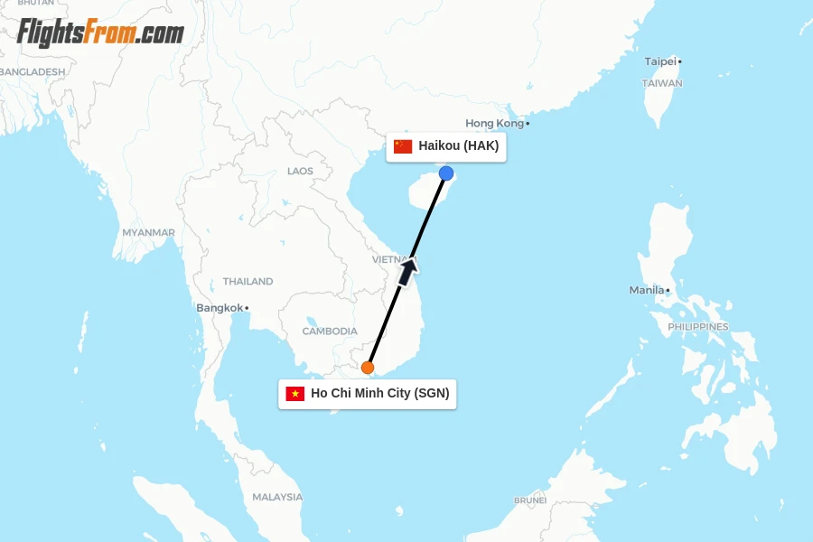 Flights from Ho Chi Minh City to Haikou route map