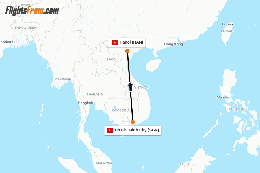 Flights from Ho Chi Minh City to Hanoi route map
