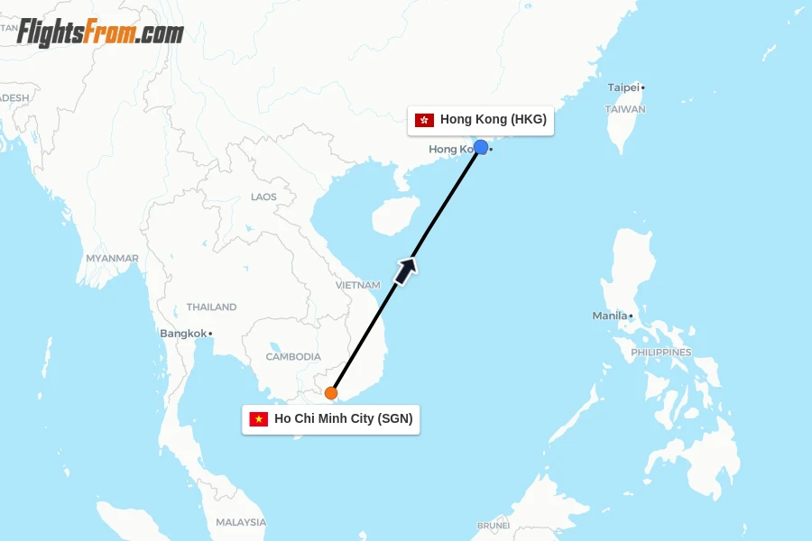 Flights from Ho Chi Minh City to Hong Kong route map