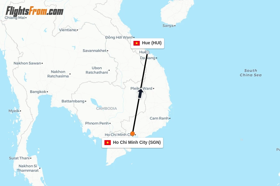 Flights from Ho Chi Minh City to Hue route map