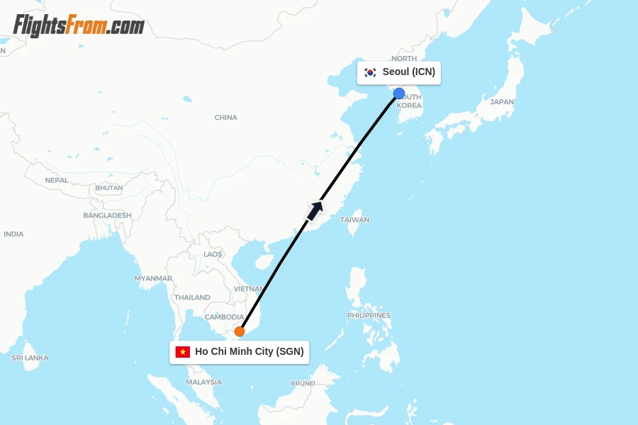 Flights from Ho Chi Minh City to Seoul route map