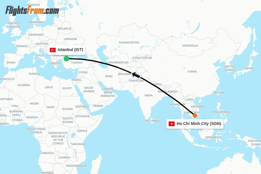 Flights from Ho Chi Minh City to Istanbul route map