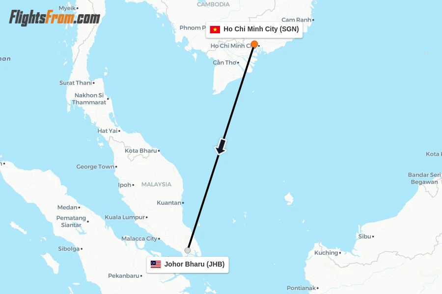 Flights from Ho Chi Minh City to Johor Bharu route map