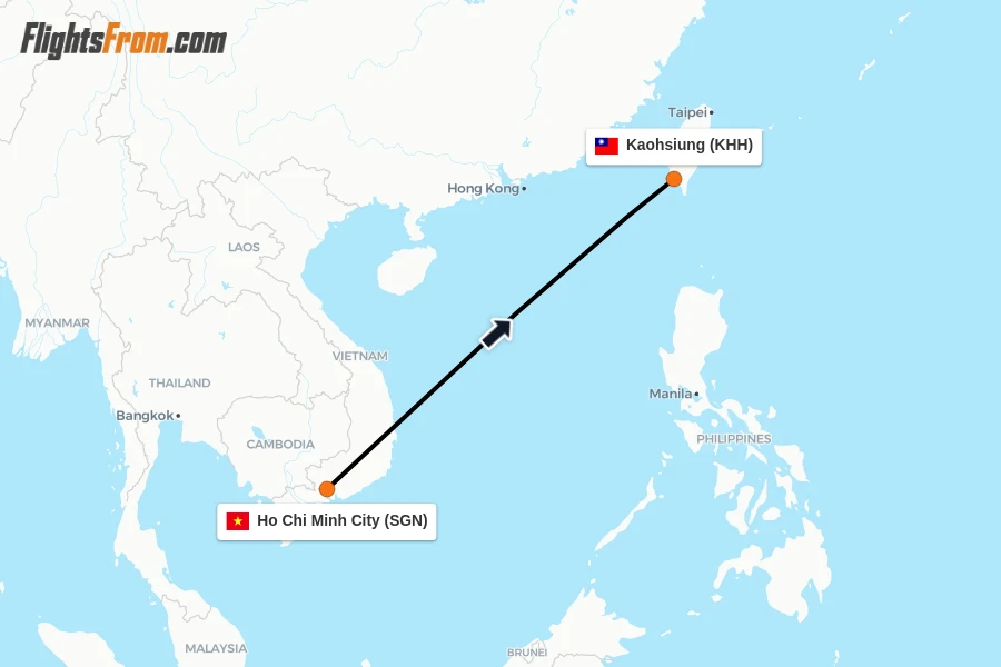 Flights from Ho Chi Minh City to Kaohsiung route map
