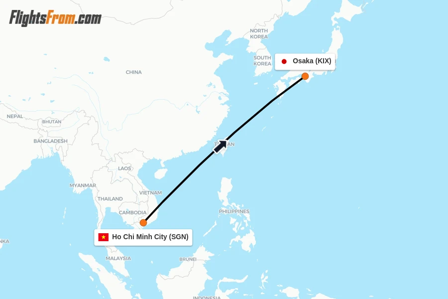 Flights from Ho Chi Minh City to Osaka route map