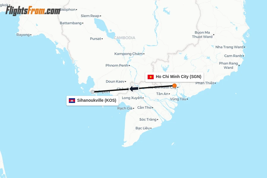 Flights from Ho Chi Minh City to Sihanoukville route map