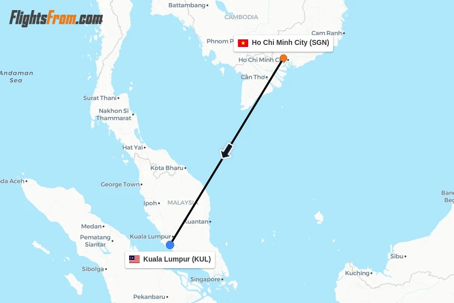 Flights from Ho Chi Minh City to Kuala Lumpur route map