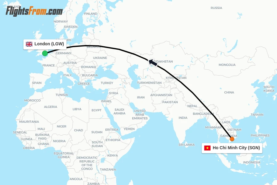 Flights from Ho Chi Minh City to London route map