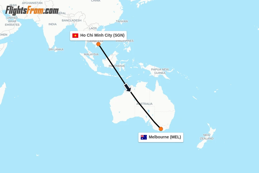 Flights from Ho Chi Minh City to Melbourne route map