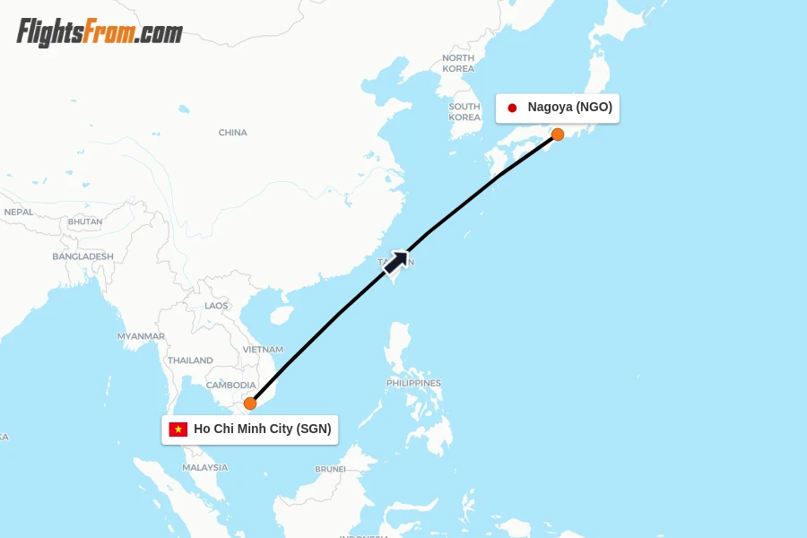 Flights from Ho Chi Minh City to Nagoya route map
