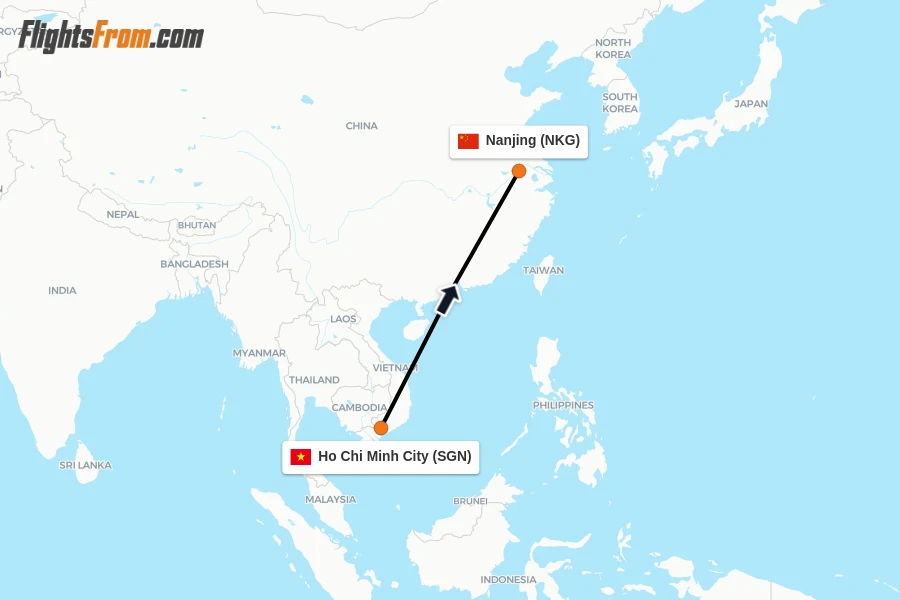 Flights from Ho Chi Minh City to Nanjing route map