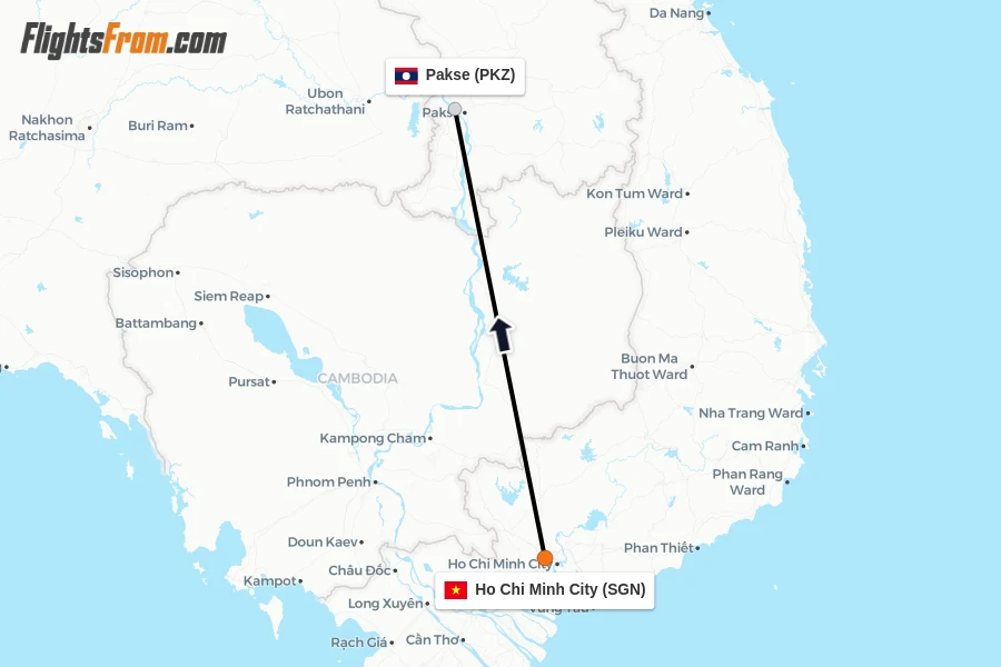 Flights from Ho Chi Minh City to Pakse route map