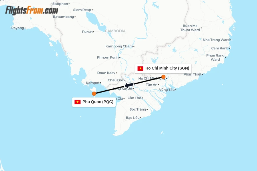 Flights from Ho Chi Minh City to Phu Quoc route map