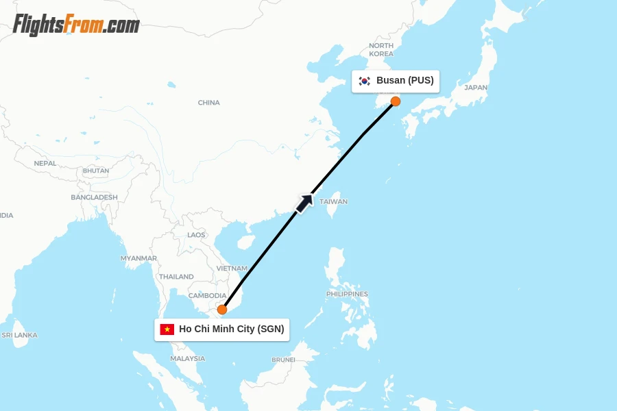 Flights from Ho Chi Minh City to Busan route map