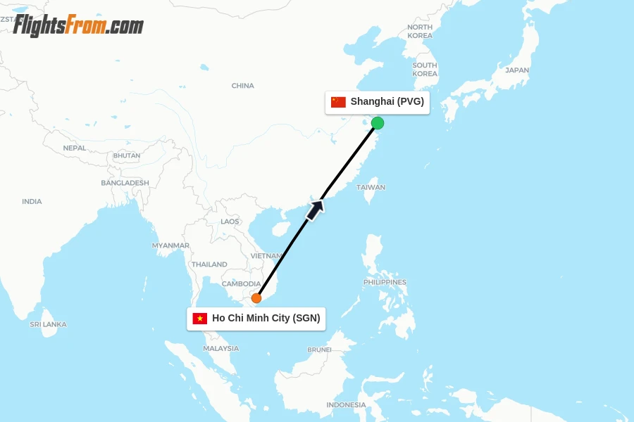 Flights from Ho Chi Minh City to Shanghai route map