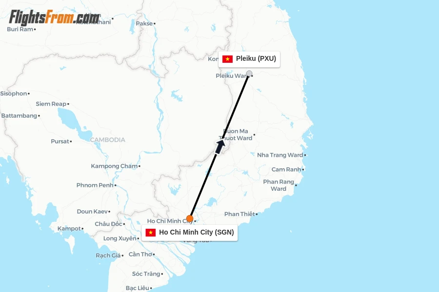 Flights from Ho Chi Minh City to Pleiku route map
