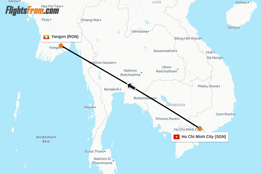 Flights from Ho Chi Minh City to Yangon route map