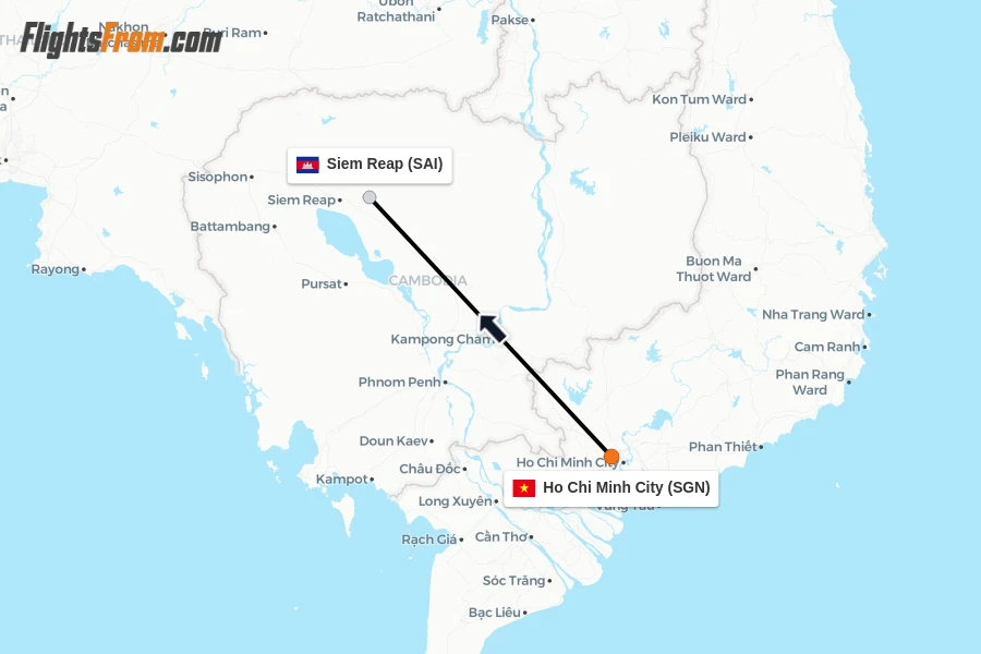 Flights from Ho Chi Minh City to Siem Reap route map