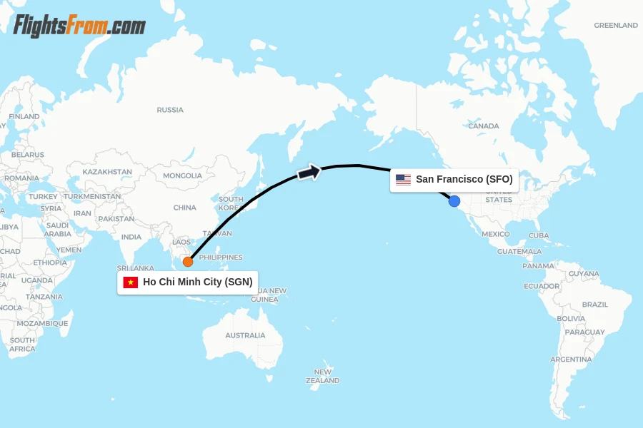 Flights from Ho Chi Minh City to San Francisco route map