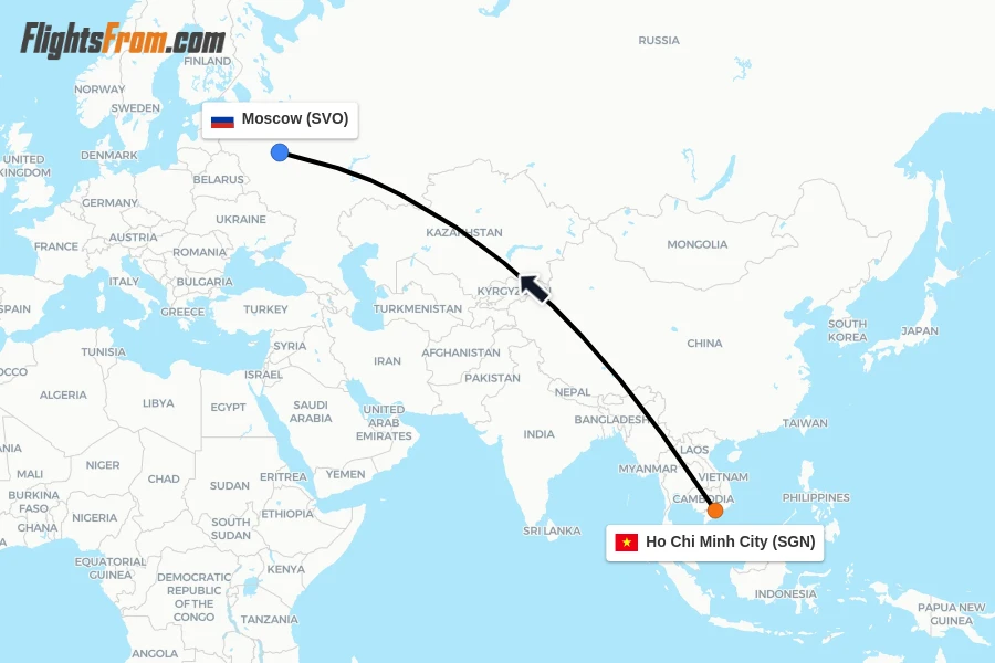 Flights from Ho Chi Minh City to Moscow route map