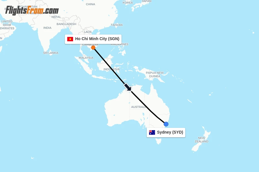 Flights from Ho Chi Minh City to Sydney route map