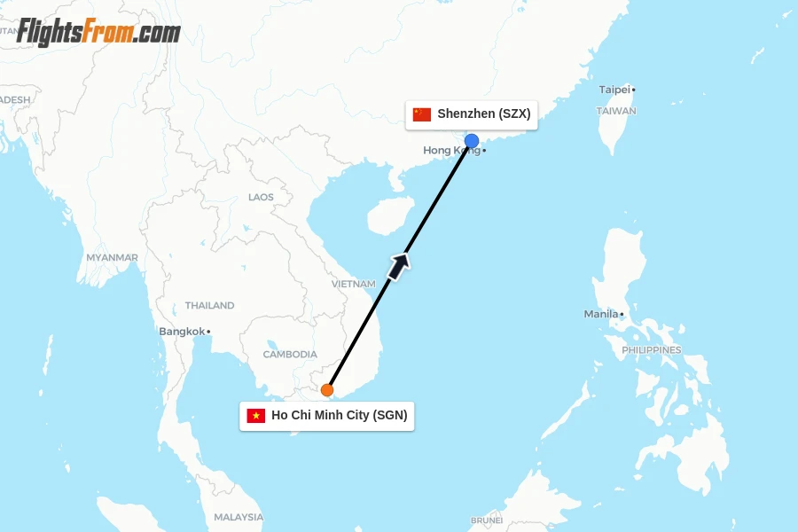 Flights from Ho Chi Minh City to Shenzhen route map