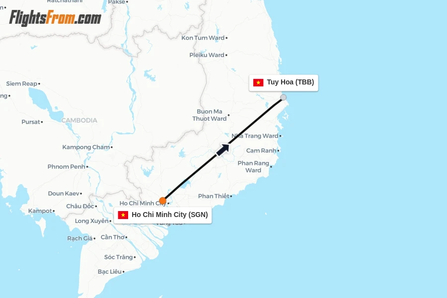 Flights from Ho Chi Minh City to Tuy Hoa route map