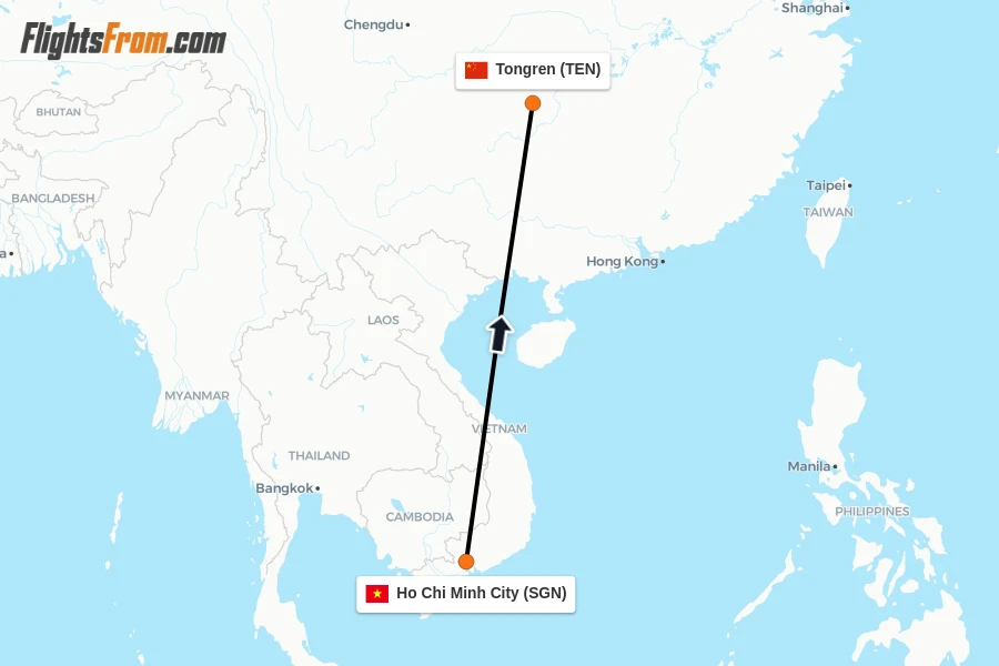 Flights from Ho Chi Minh City to Tongren route map