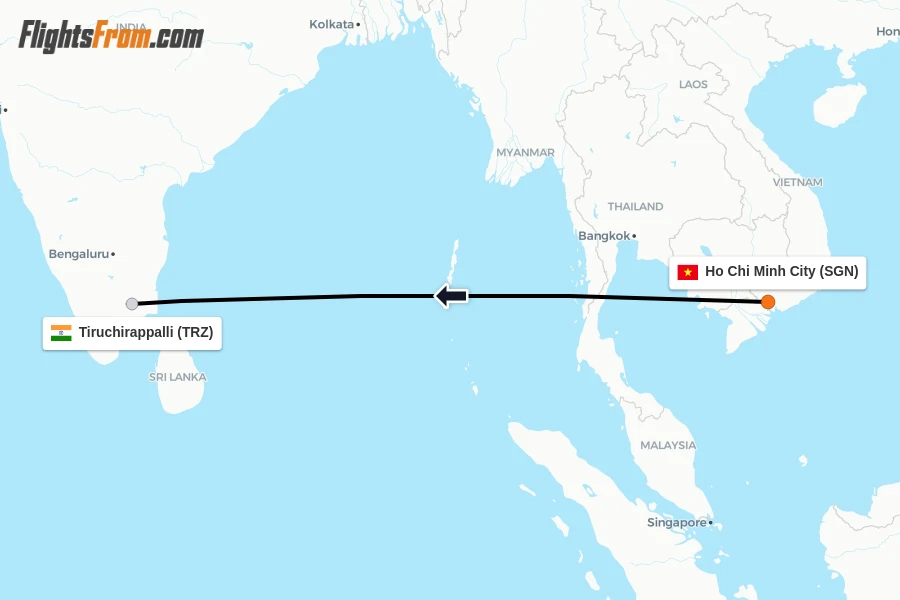 Flights from Ho Chi Minh City to Tiruchirappalli route map
