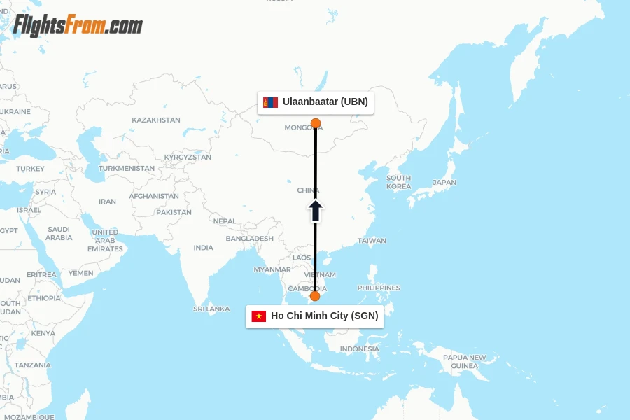 Flights from Ho Chi Minh City to Ulaanbaatar route map