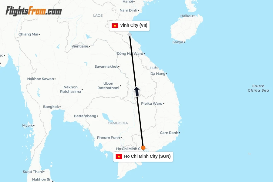 Flights from Ho Chi Minh City to Vinh City route map