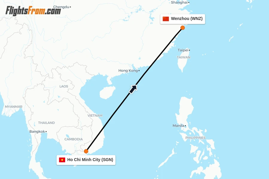 Flights from Ho Chi Minh City to Wenzhou route map
