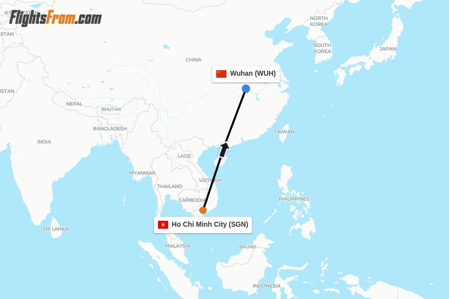 Flights from Ho Chi Minh City to Wuhan route map