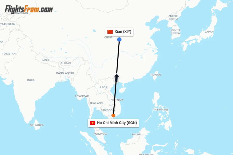Flights from Ho Chi Minh City to Xian route map