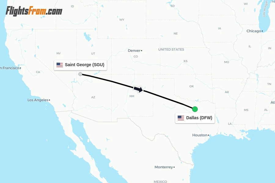Flights from Saint George to Dallas route map