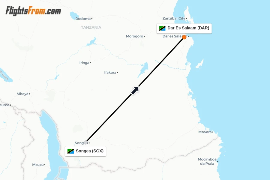 Flights from Songea to Dar Es Salaam route map