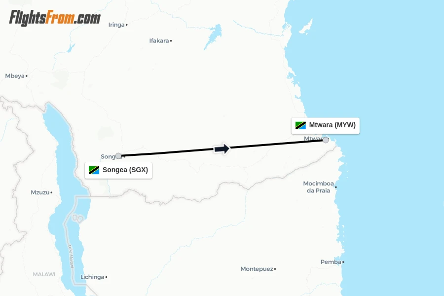 Flights from Songea to Mtwara route map