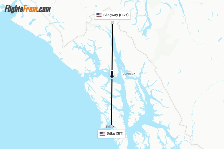 Flights from Skagway to Sitka route map