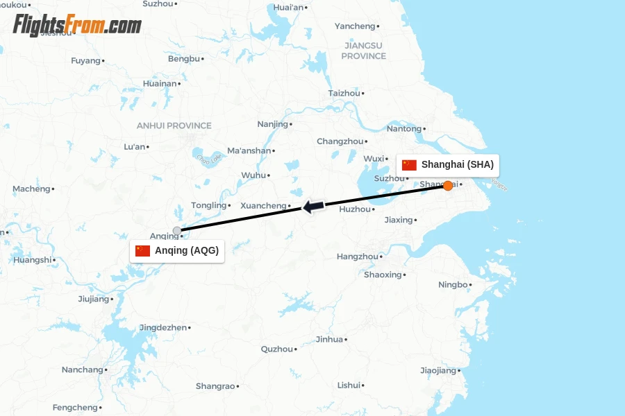 Flights from Shanghai to Anqing route map
