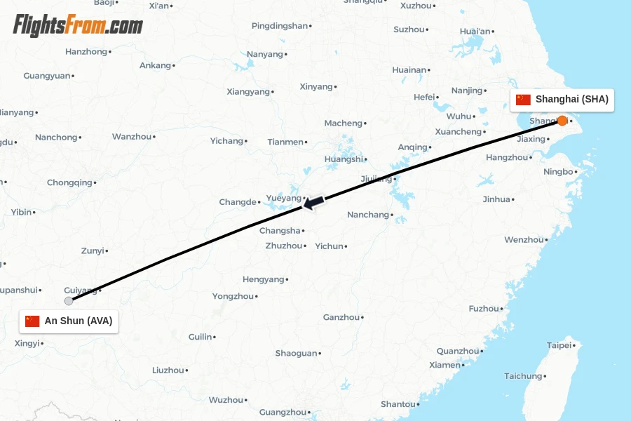 Flights from Shanghai to An Shun route map