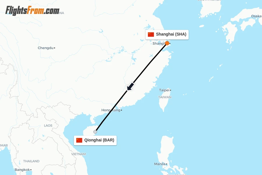 Flights from Shanghai to Qionghai route map