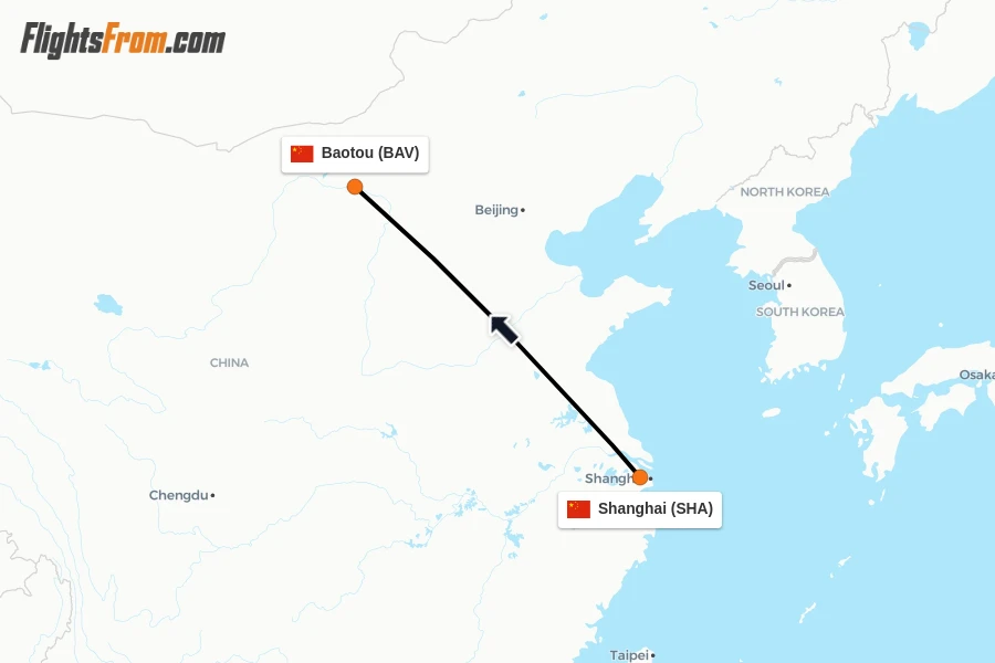Flights from Shanghai to Baotou route map