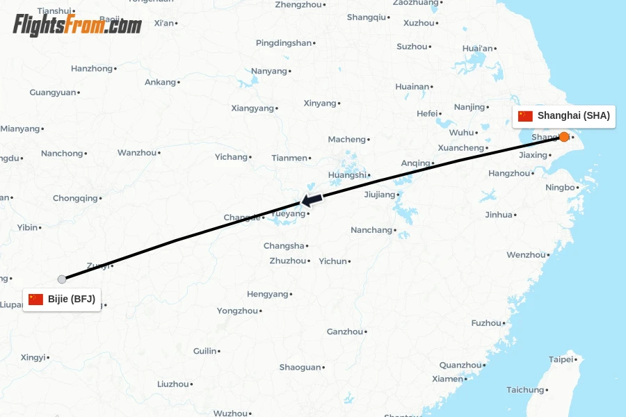 Flights from Shanghai to Bijie route map