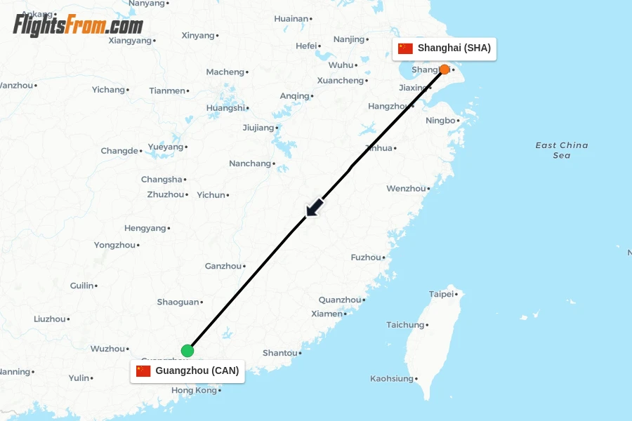 Flights from Shanghai to Guangzhou route map